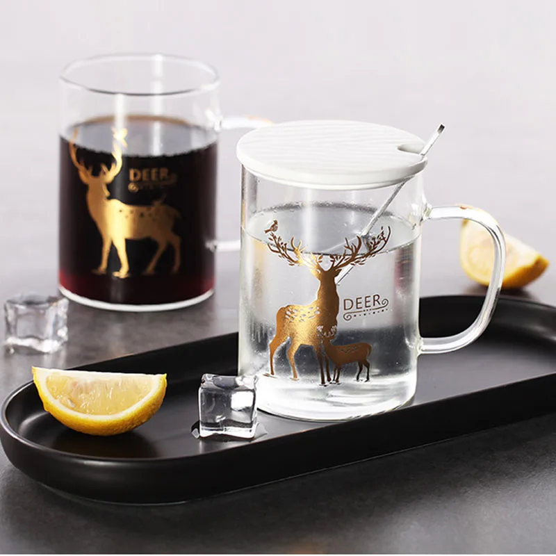 

Nordic printing Christmas elk transparent glass mug/gift cup, White,black