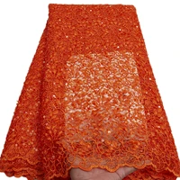 

French African New Nigerian Most Popular Luxury Burnt Orange Aso Ebi Mesh Net Tulle Wedding Embroidered Lace Fabric with Sequins