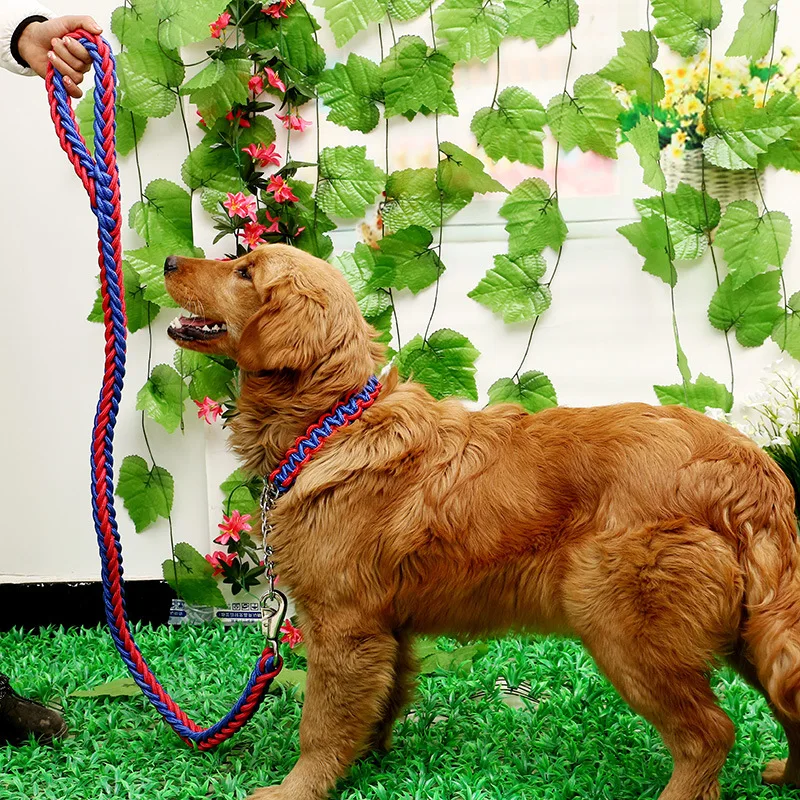 

2020 Original Factory Large and Medium dog products Braid Nylon New dog leash collar set with metal chain, Multi-colors