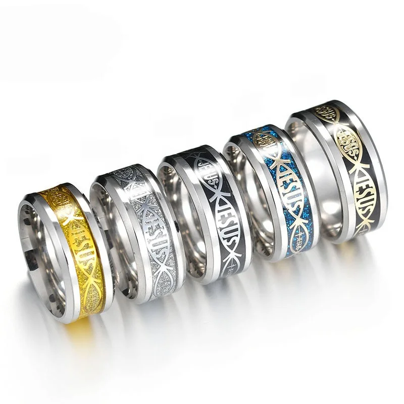 

Hot Selling Factory Outlet Fashion Christian Jewelry Mens Womens 316L Stainless Steel Fish Jesus Rings, Silver,gold,black,blue,gold+black