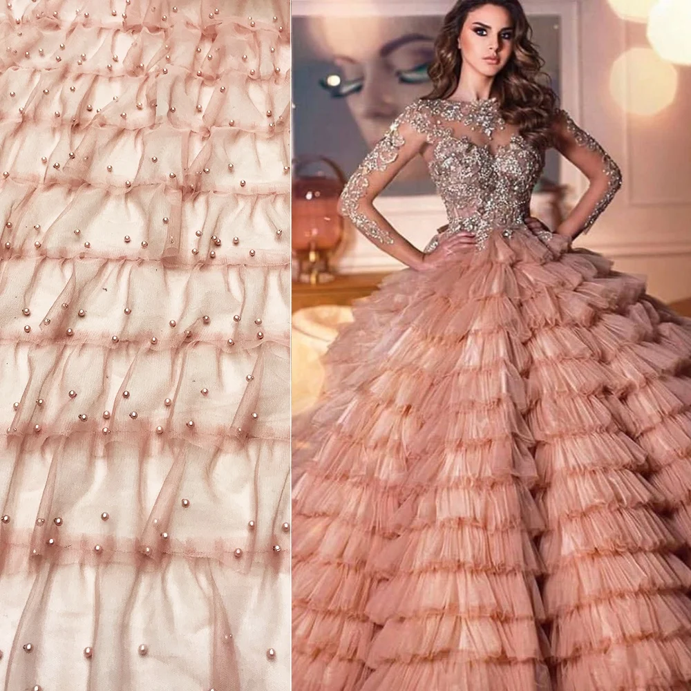 

French beaded lace fabric 2021 For Wedding Dresses 3d cake layer with beads and pearl lace fabric black, Customized color