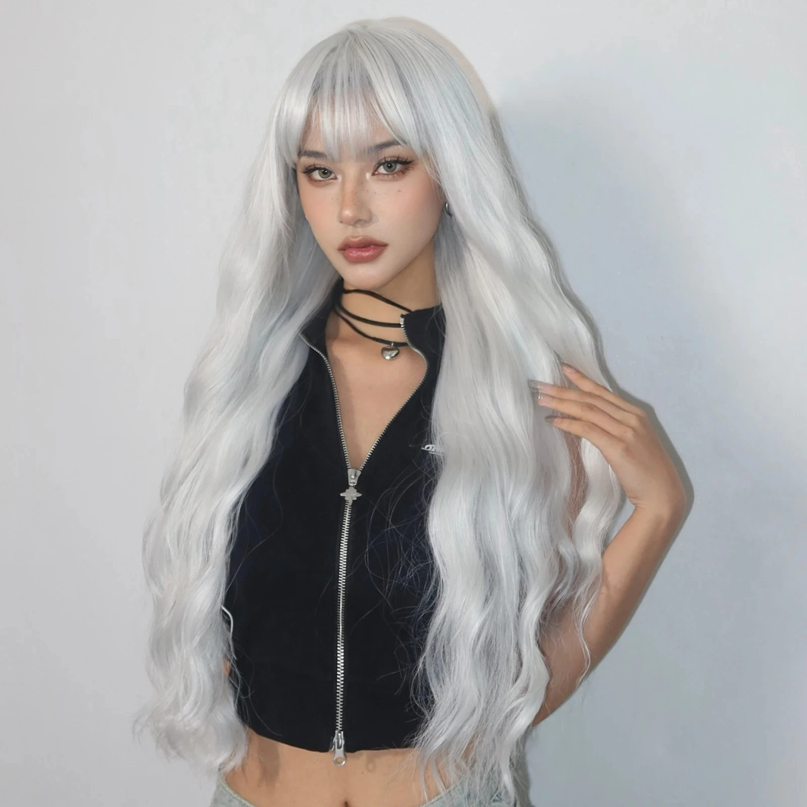 Long White Synthetic Wig for Women Curly Body Wave & Water Wave with Bangs Heat Resistant Fiber for Party Cosplay Fashion Shows