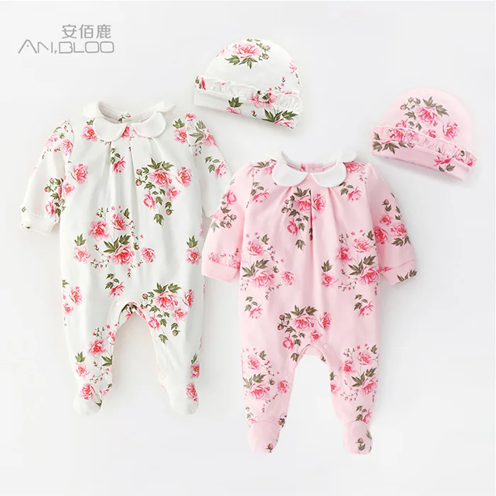 

Wholesale Spring long sleeve Infant Clothing outfit Chinese Style baby girl Floral romper clothes sets 0-3 months newborn romper, Pink / white