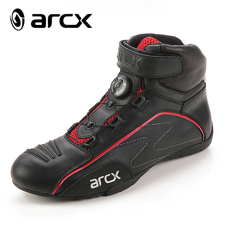 

arcx Black Red Stylish Cowhide Leather Breathable Sports Biker Shoes for Men/ Cool Style Durable Motorcycle Racing Boots