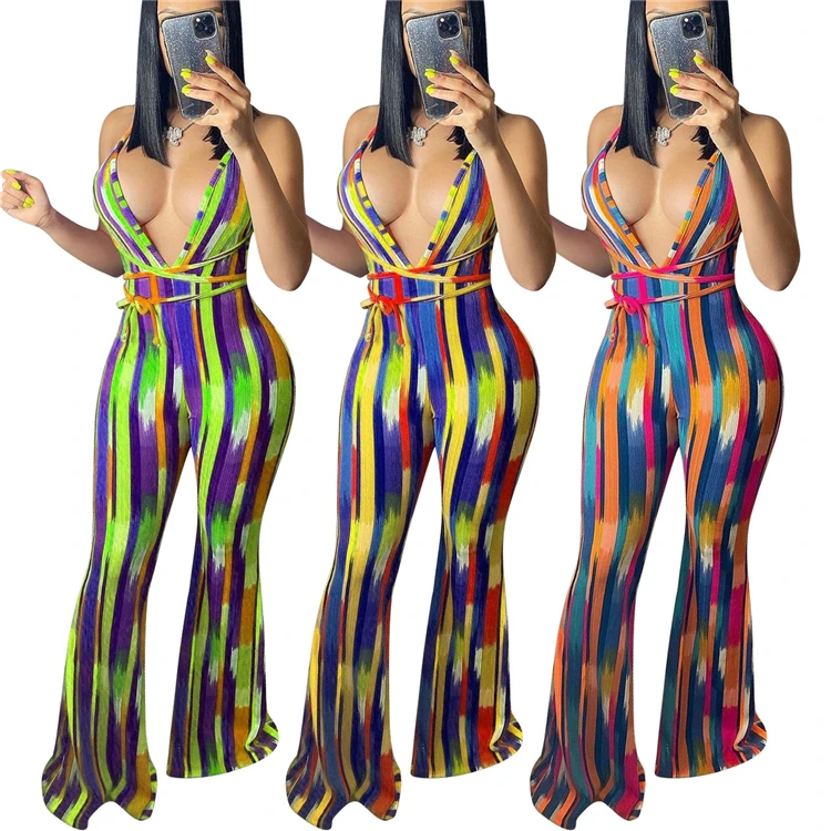 

AOMEI Tie Dye V Neck Combinaison Barboteuse Women One Piece Jumpsuits Lady Rompers Women Bodycon Jumpsuit