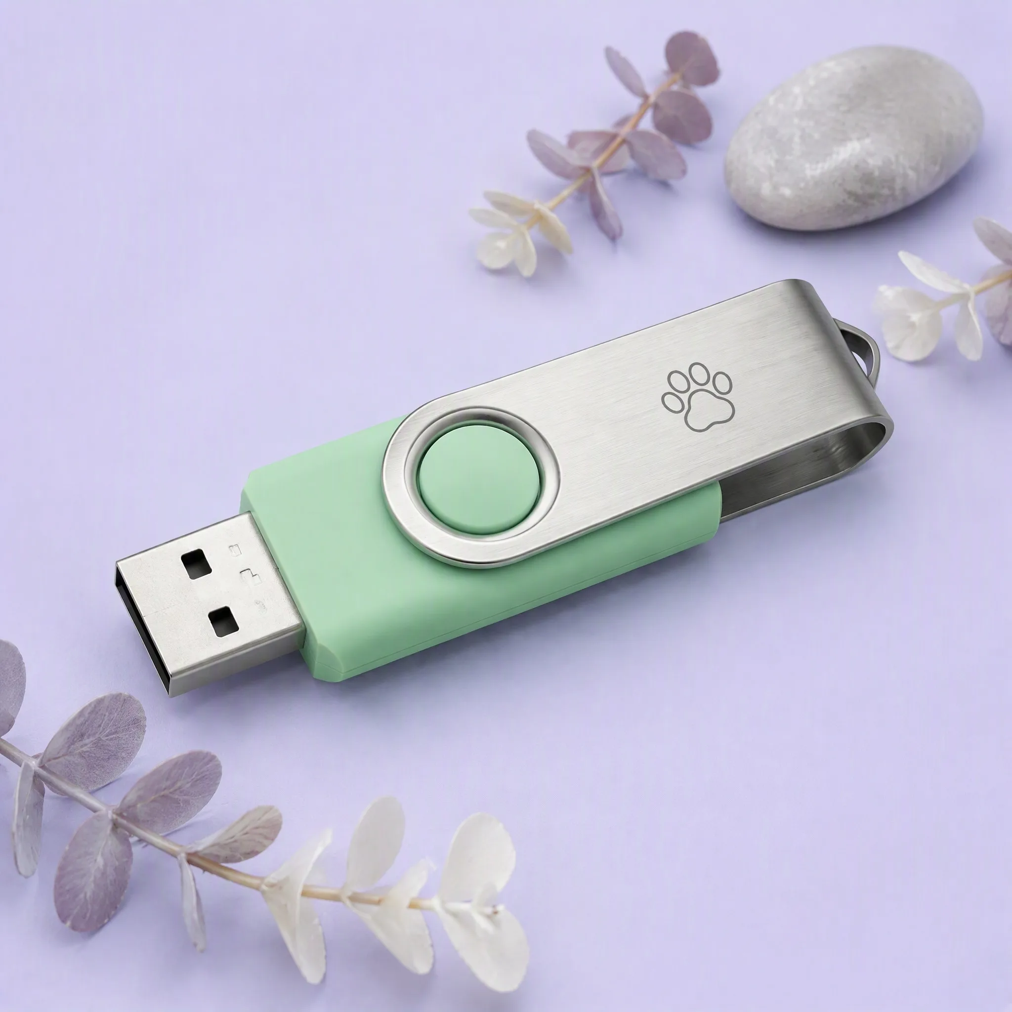 Pastel Mint Green Pet Paw Print Swivel USB Flash Drive in Botanical Setting