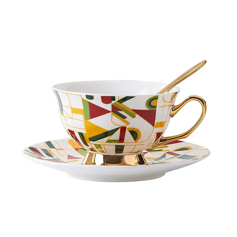 

Hot sell product discount couple coffee cup gift gold parking mug geometric pattern ceramic cup and saucer set