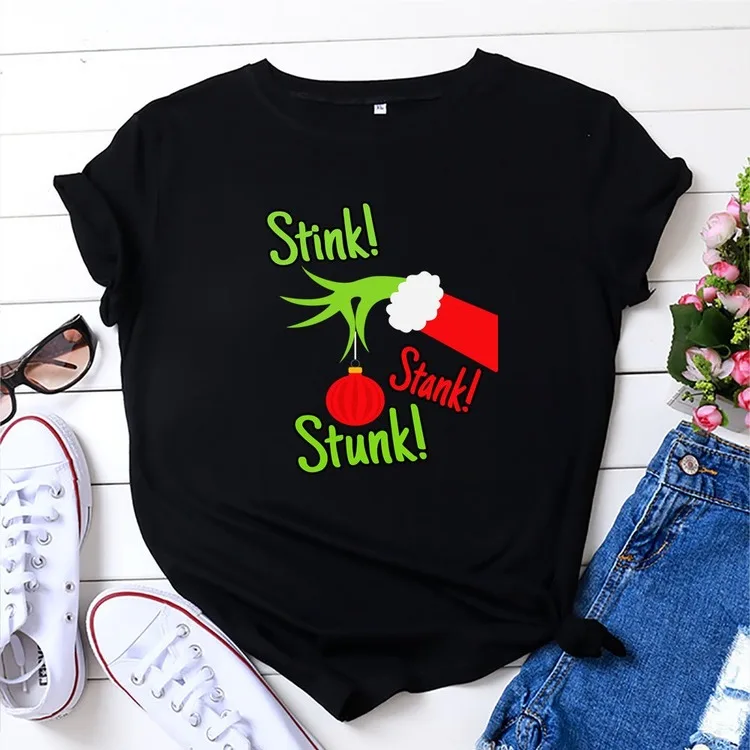 

Stink Stank Stunk Merry Christmas Tee Shirt Femme Funny Graphic T Shirt Women Aesthetic Clothes Winter Basic Tshirt