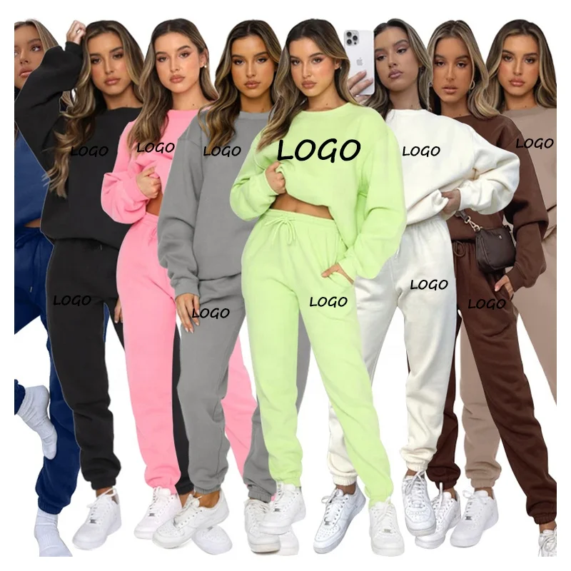 

Custom Logo European American Autumn Winter Women Long Sleeve Plain Pure Color Round Collar Pullover Hoodie Trousers Sets