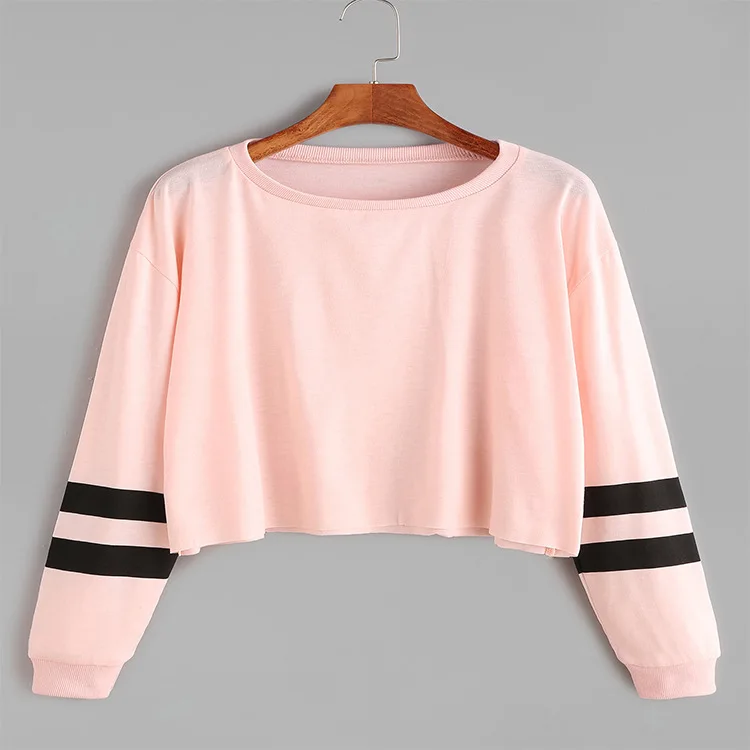 

WW-0466 Stripes Round Neck Shoulder Stripes Brief Paragraph Long Sleeve Blouse Crop Top Hoodie Women Long Sleeve Ladies T-shirts, Customized color