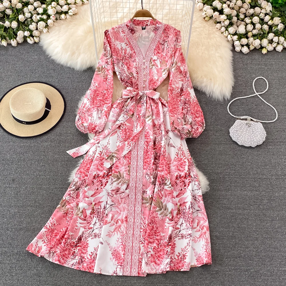 

Fashion dress temperament V-neck high waist lantern long sleeve Printed Dress high sense large swing long skirt, Multiple colors