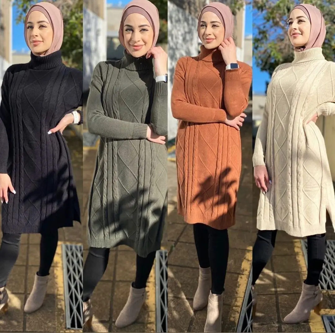 

New Arrival High Neck Cotton Knitted Muslim Women Winter Sweater Skirt Arab Middle East Islamic Women Winter Abaya Dress