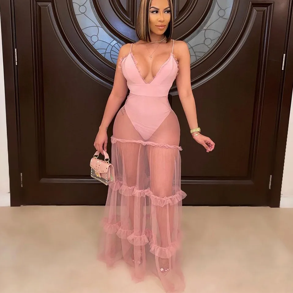 

Fashion V Neck Solid Gauze Patchwork See Through Dress Night Sexy Clubwear Backless Cami Ladies Sexy Maxi Dresses, Pink,yellow
