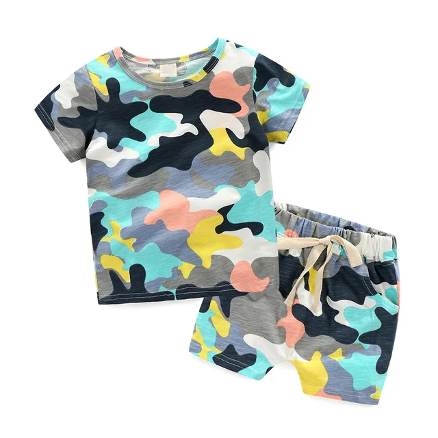 

2021 Wholesale factory boys clothing set camouflage color kids clothes set summer