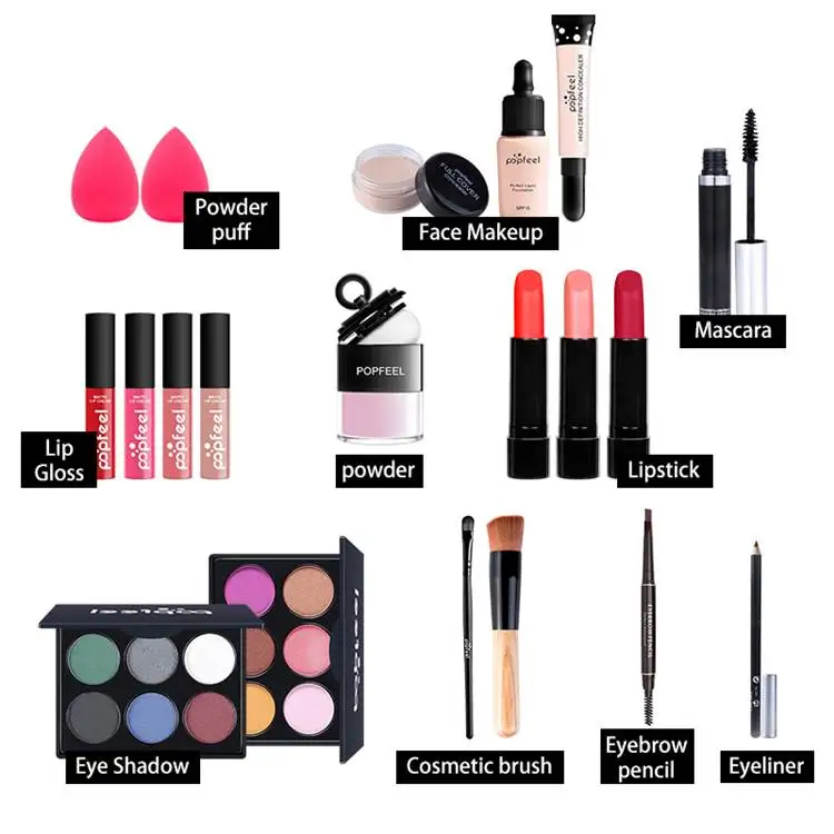 

Wholesale Free Sample Popfeel High Quality Makeup Combo Set Make Up Single Brush Kits Lipstick Eyeliner All In One Cosmetic