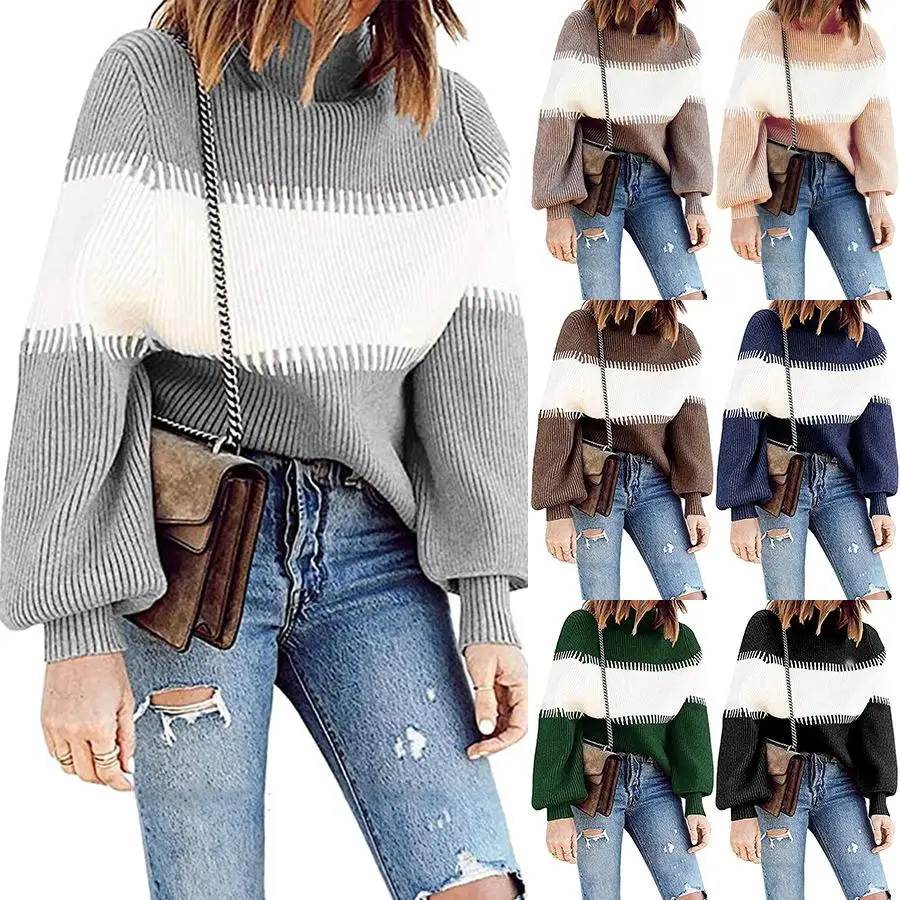 

Europe and America Casual Long-sleeved Loose Turtleneck Stitching Colored Knitted Striped Ladies Pullover Women's Sweater, Customized color