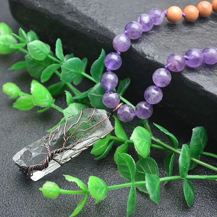 

Natural Amethyst and Wood Round Beads Long Chains Wire Wrapped Crystal Pendant Necklace Fashion Jewelry