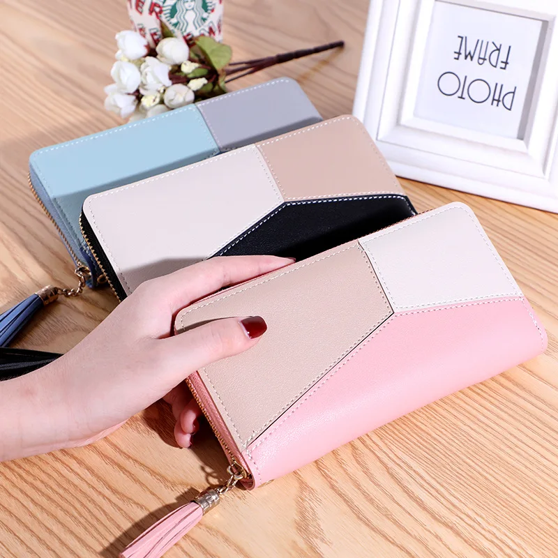 

2021 Geometric Luxury Brand Leather Women Long Zipper Coin Purses Tassel Design Clutch Wallet Female Money Credit Card Holder