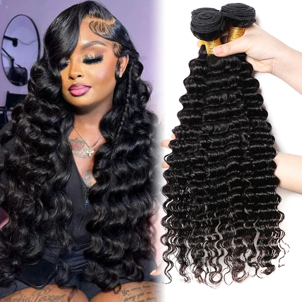 Wholesale Brazilian Human Hair Bundles Deep Water Wave Remy Round Head Natural Color Remy Bundles Human Hair 10~30 in Stock