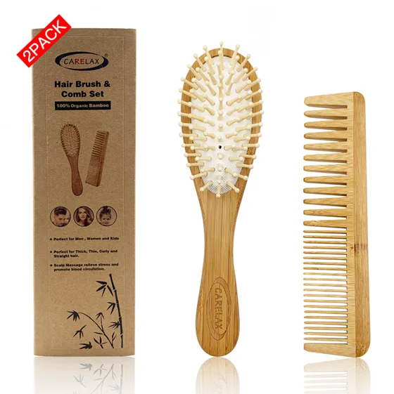 

Natural Organic Bamboo Comb Set, Handmade Hair Brush & Comb with Fine & Wide Tooth, Natural color