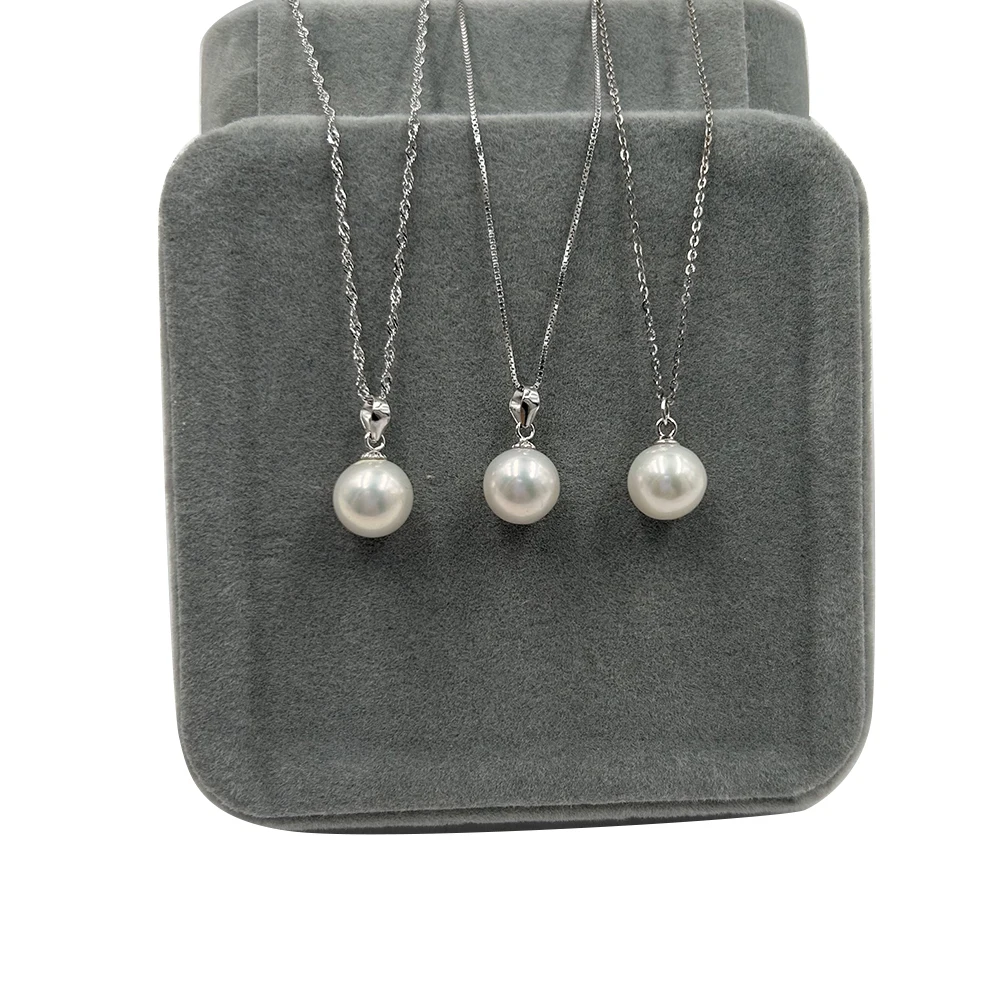 18 Inch  Wholesales 925 Silver Wave Chainbox Natural Pearl Pendant Necklace 9-10 mm Nature Freshwater Perfect Round Pearl