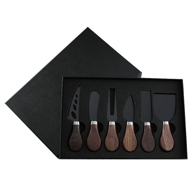 

Wood Handle Steel Stainless 6 Pieces Cheese Knife Set Cheese Slicer Cutter Cheese Fork Spreading Knife for Gift Set