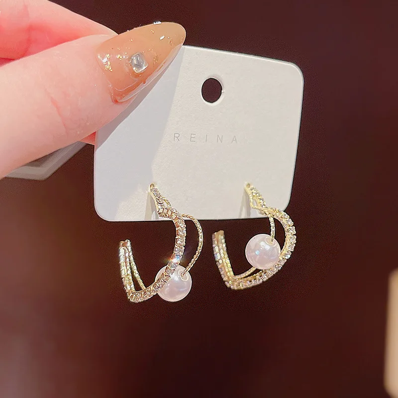 

Korean Design Full Rhinestone Crystal Double Heart Earring 925 Silver Needle Double Layer Diamond Pearl Heart Hoop Earrings