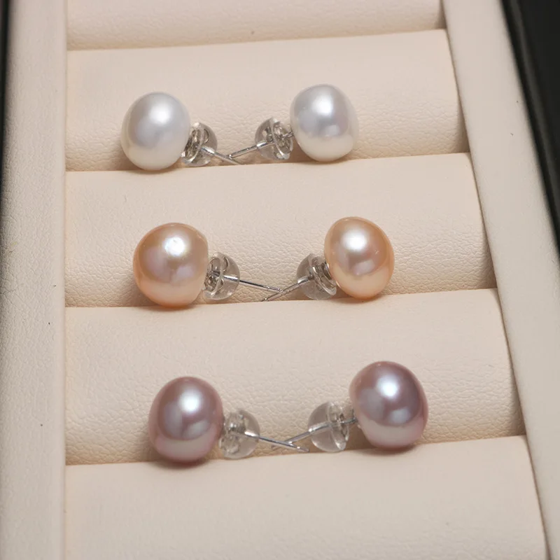 

jewelry cultured 925 Sterling silver Natural size 5-6mm 6-7mm7-12mm Button Freshwater Pearl stud fashion jewlery in stock