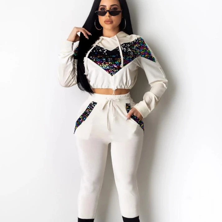 

2020 New Arrivals women fashion Long sleeve sequin track suit sports jogging knitting casual two piece set