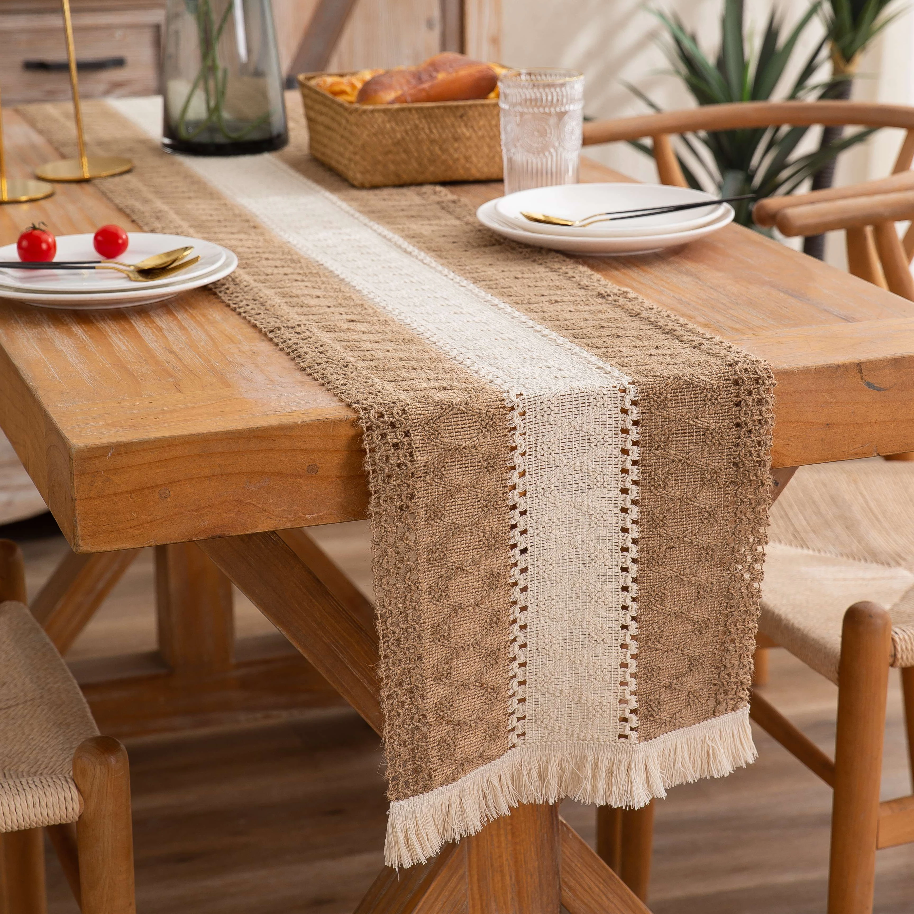 

Splicing Retro Cotton Jute Dinning Room Decorative Table Runner Natural America Countryside Style Jute Cotton Woven Table Cloth