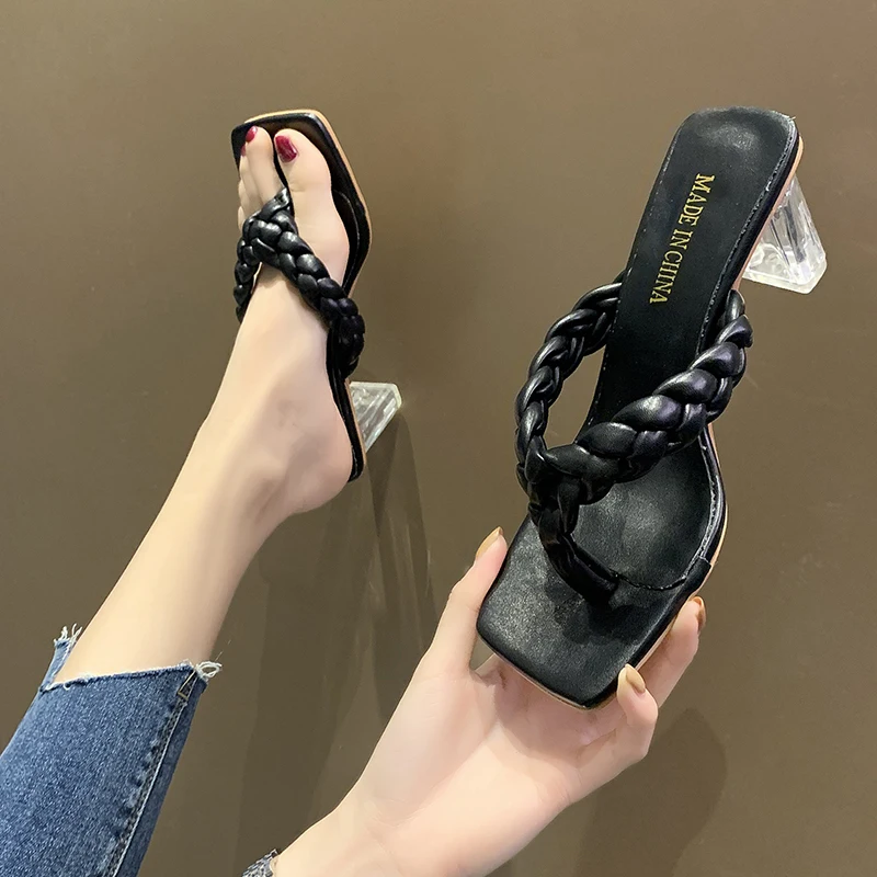 

Ladies transparent sandals women heels woven slippers 2021, Beige,green,black
