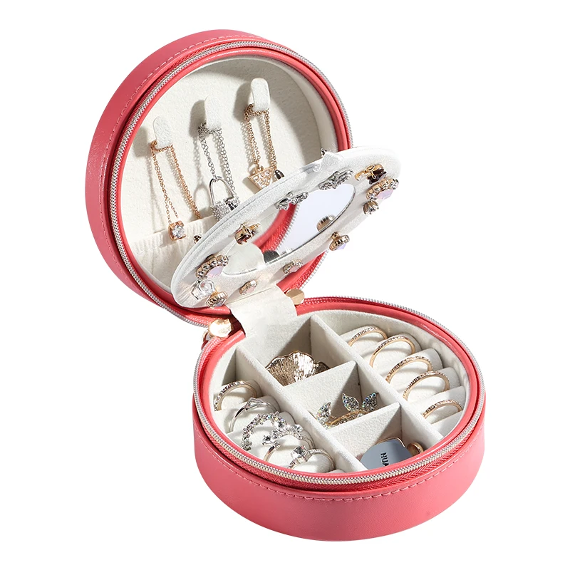 

2021 Custom Logo Round Jewelry Box Organizer Portable Travel PU Leather Necklace Ring Earring Velvet Jewellery Case With Mirror