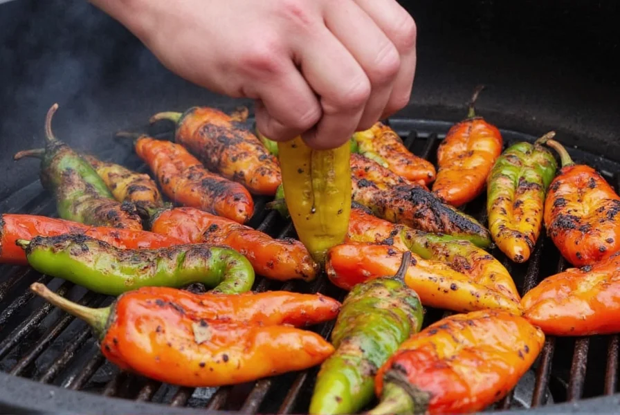 Person roasting Hatch chile peppers on a propane roaster with blackened skins