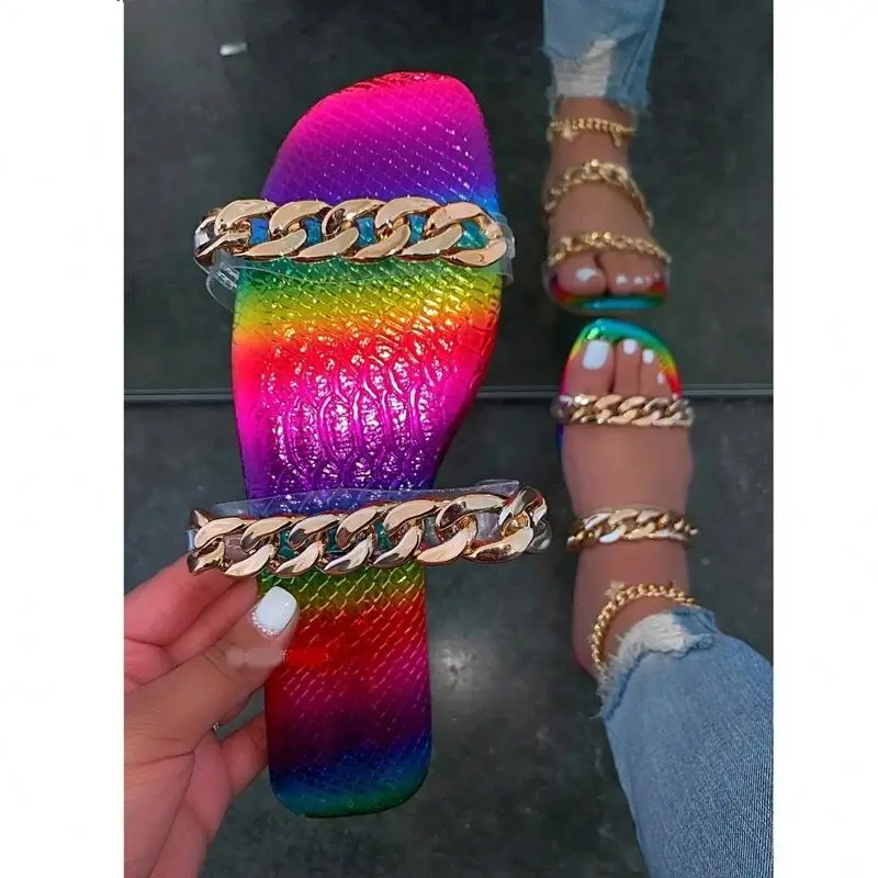 

2021 Factory direct sale hot sale fashion metal chain europe american summer women simple leisure beach slippers, Black, white, yellow, red, blue, iridescence