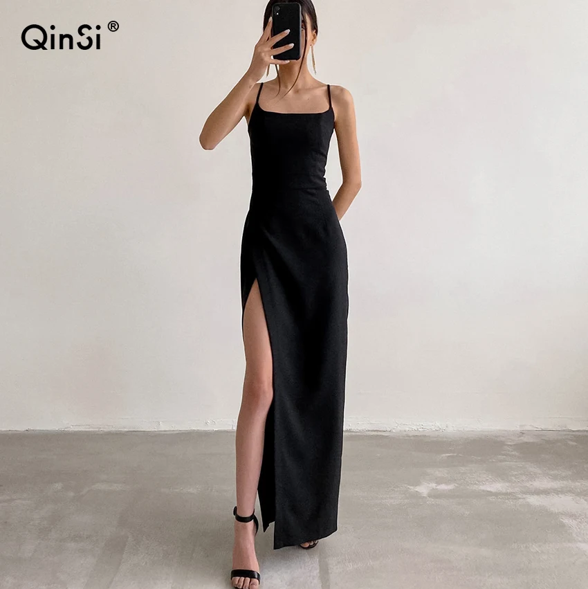 

QINSI Party Backless Split Bodycon Jurk Lady Enkellange Kleding 2021 Sexy Zwarte Spaghetti Band Lange Jurk Vrouwen Zomer