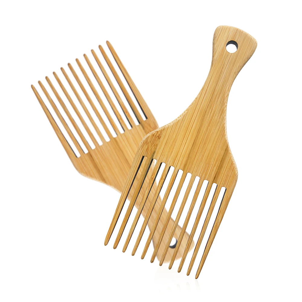 

Hot Selling Custom Logo Eco-friendly Natural Bamboo Afro Pick Wide Tooth Detangling Hair Comb