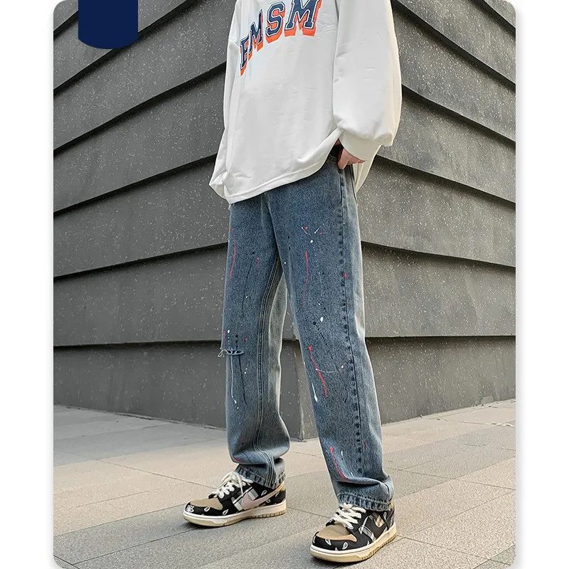 

Stock Denim Jeans Wholesale Stylish Jeans Pants For Boys Paint Vintage Fashion Wide Leg Trousers Men Designer Jeans