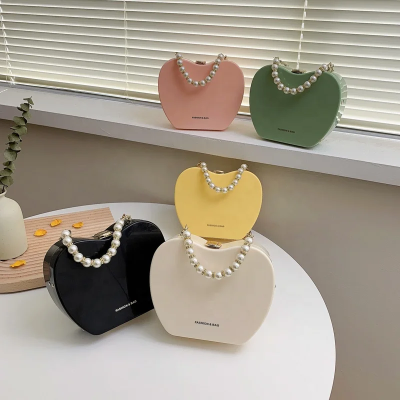 

Wholesale Fashion Women Handbags New Shoulder Designer Purses Crossbody Chain Pearl Apple Acrylic Hand Bag 2021, Green,yellow,pink,white,black