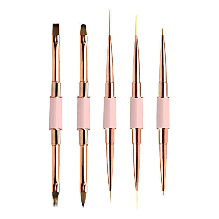 

New Design 2 in 1 Two Sides Nylon Hair Flat Gel Brush Manicure Art Tools Rose Gold Pink Dual Ended Nail Liner Brush Detail Pen