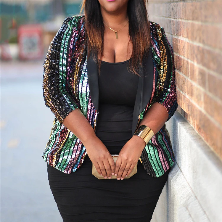 Hot Sale Lovely Trendy Striped Jacket Plus Size Sequin Blazer Women Clothing