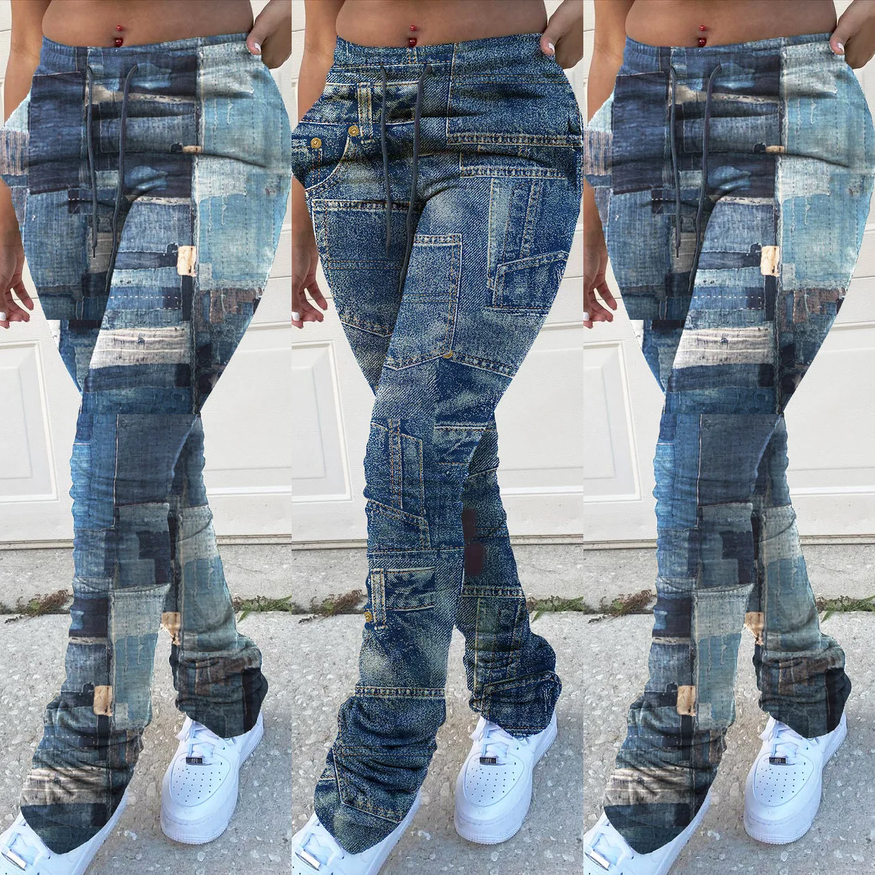 

H3618 Hot selling Casual Imitation Jeans Denim Printing Pocket Patchwork Drawstring Waist Stacked Sweaterpant Long Pants, As picture or customized make