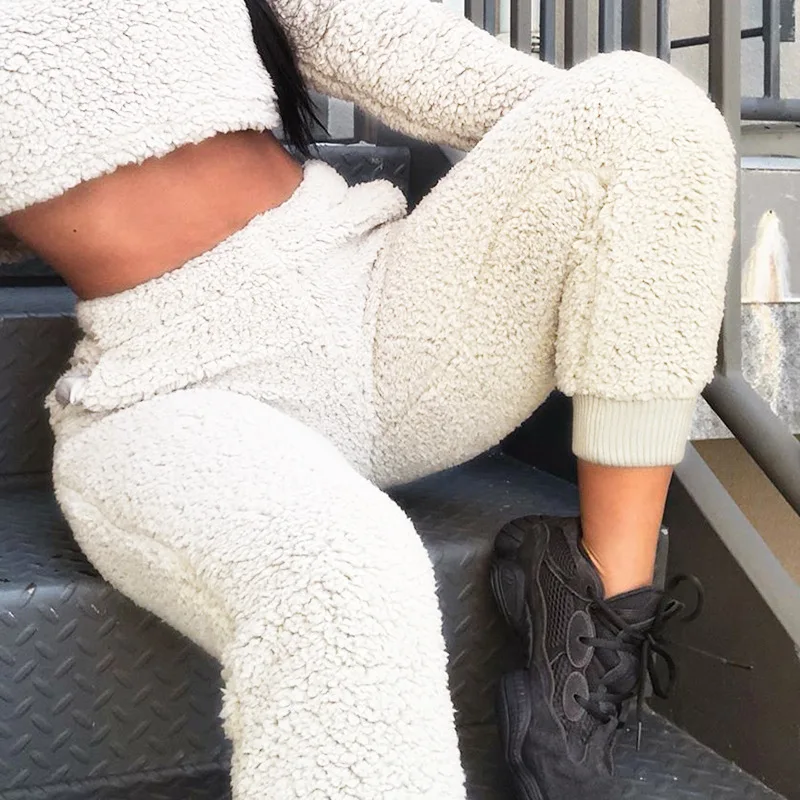 

Apricot Soft Faux Fur Elastic Cuffs Pull-on Elastic waist winter warm plush jogger fleece pants