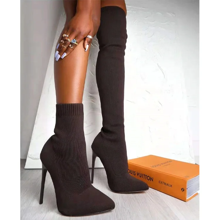 

Fly Knit Fashion Long Boots Pointed Thigh High Over the Knee Boots Women Stiletto Heel Tall Boots For Ladies, White,black