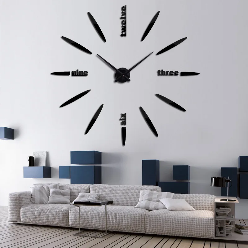 Large Silent DIY Wall Clock 3D Mirror Romer Number Sticker Home Bar Office Decor 