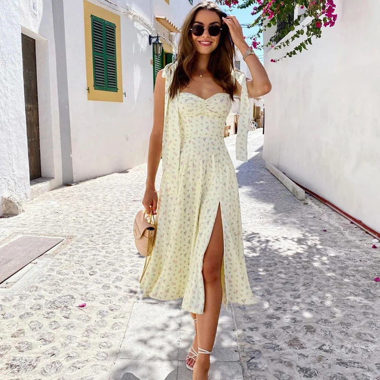 

Yellow Print Dress Women Summer Sleeveless Tie Up Bow Strap Elegant Midi Dresses Casual Sexy Side Split Floral Dress