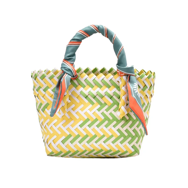 

2022 New Summer Fashion Scarves Small Square Bag Multicolor Vegetable Basket Straw Bag Handmade Plastic Woven Bag, Colorful