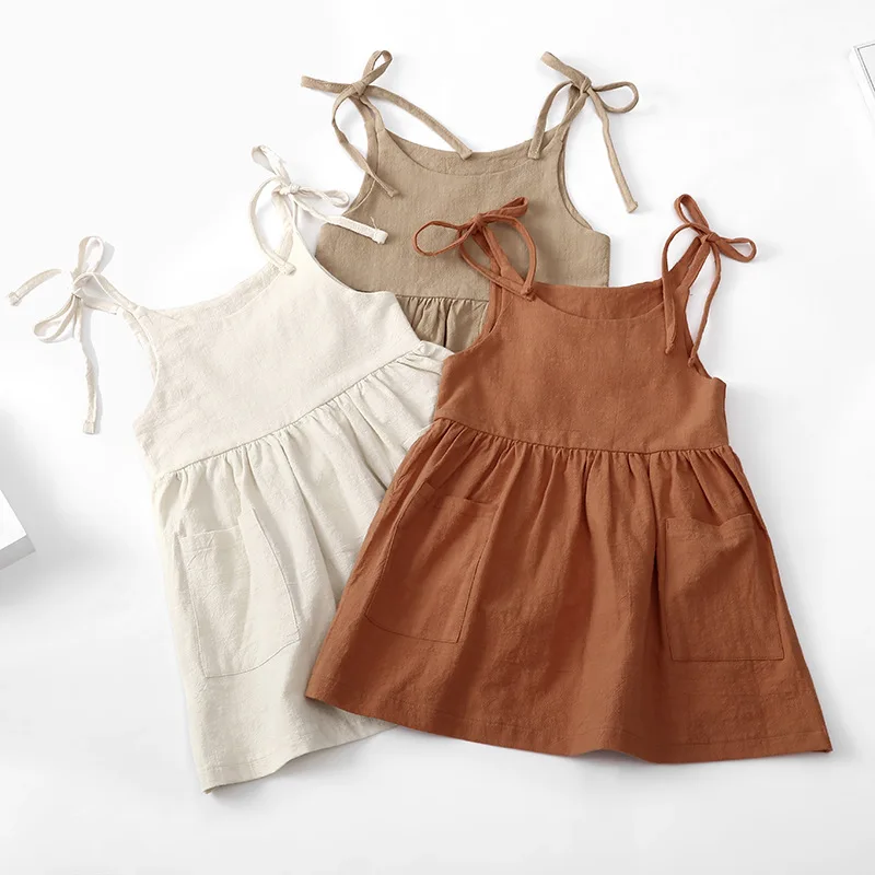 

High Quality Factory Price Solid Lovely Baby Dress Summer Linen Cotton Clothes Sleeveless Suspender Dress for Girl, Customized