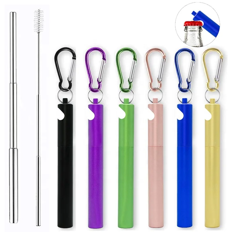 

Custom Logo Reusable Telescopic Collapsible Stainless Steel Straw With Silicone Bottle And Opener, Colorful