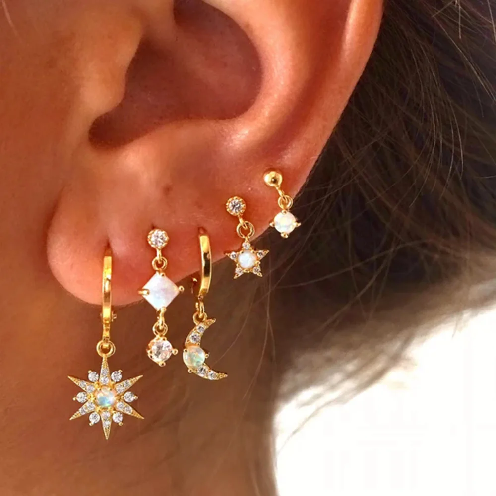 

Hot Trending 18K Gold round opal Stone Earrings Sets 925 silver natural Opal Moon Star Drop Stud Earrings Sets for girls