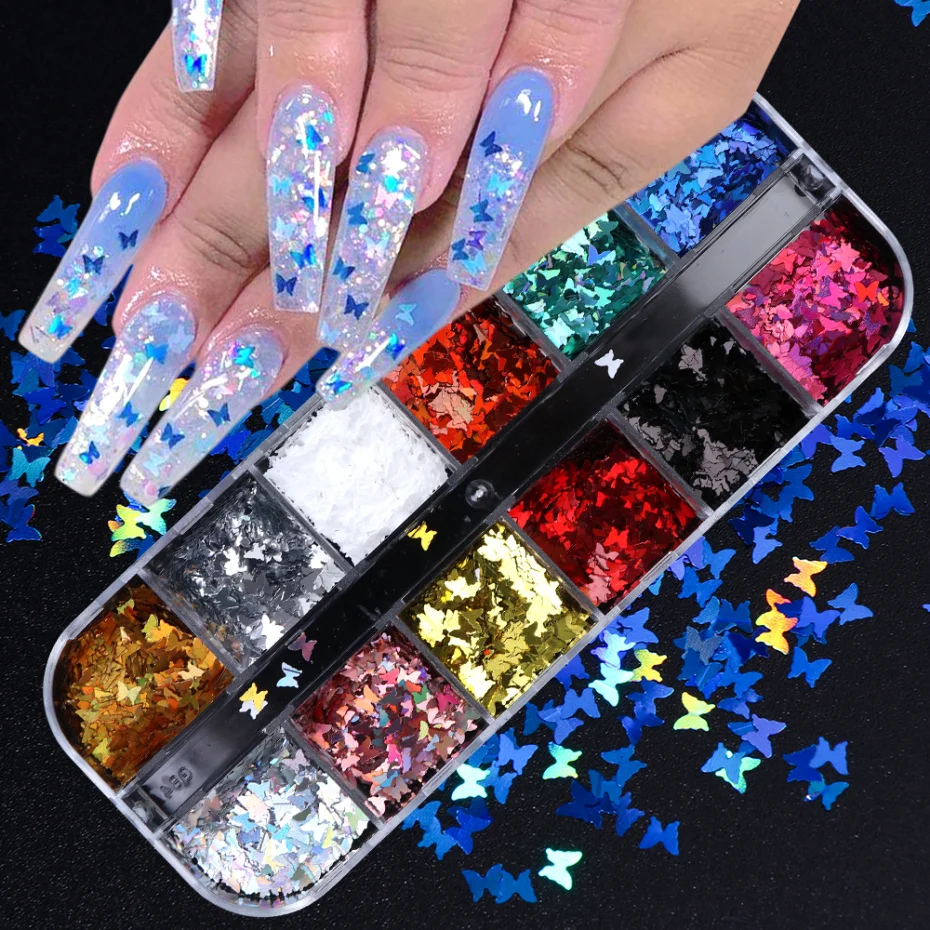 

12 Grid/Set Holographic Nail Glitter Sequins Sparkly 3D Thin Butterfly Flakes Polish Decoration for Nail Art, Colorful